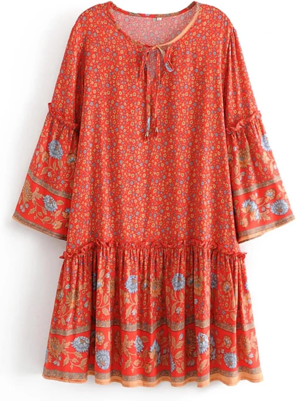 Vintage Women Tie Neck Ruffles Floral Print Beach Bohemian Mini Dress Summer Cotton Dresses Vestidos