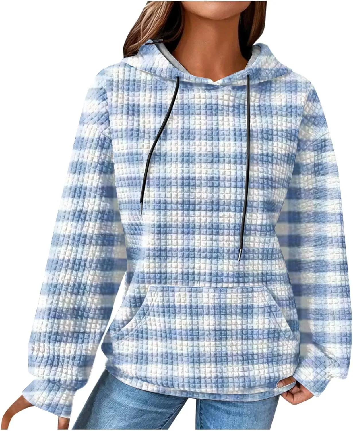 Waffle Hoodie Sweatshirts for Women Long Sleeve Shirts Fall Casual Tops Blouse Plaid Pullover with Pocket 2024, Small