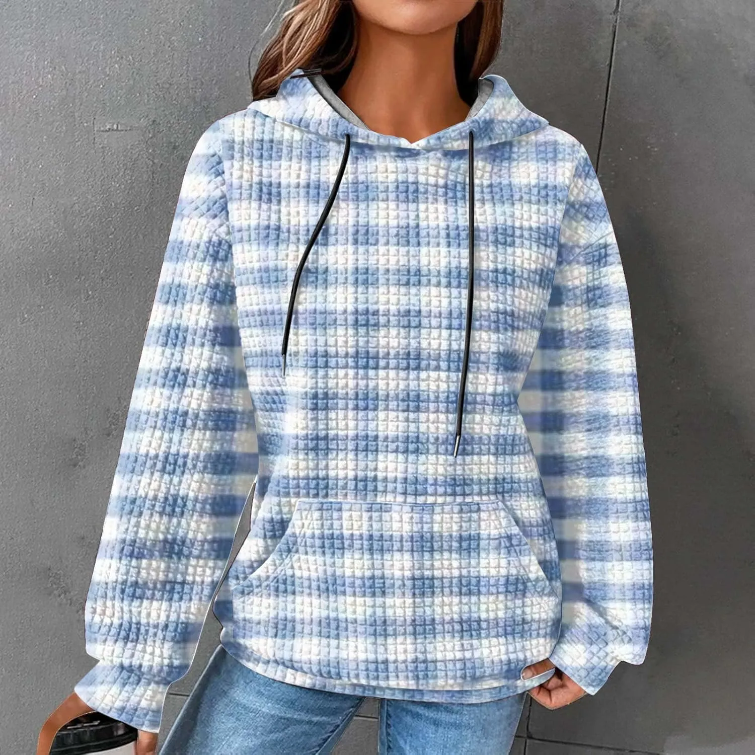 Waffle Hoodie Sweatshirts for Women Long Sleeve Shirts Fall Casual Tops Blouse Plaid Pullover with Pocket 2024, Small