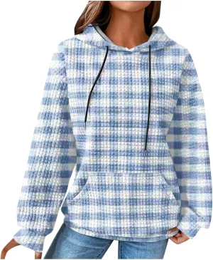 Waffle Hoodie Sweatshirts for Women Long Sleeve Shirts Fall Casual Tops Blouse Plaid Pullover with Pocket 2024, Small