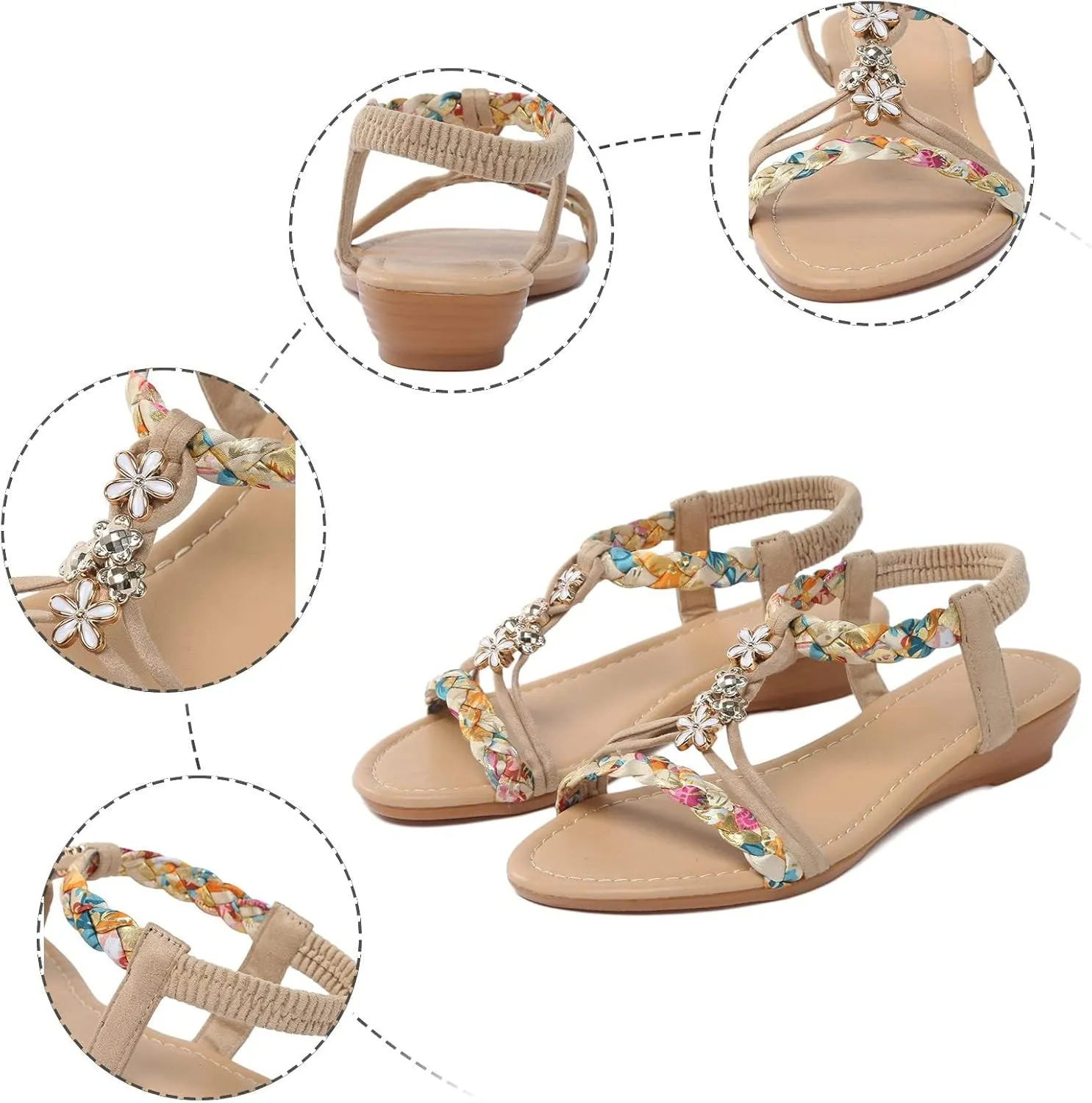 Walking Sandals Women Comfortable Summer Dressy Wedge Sandals Rhinestone Beaded Bohemian Beach Sandal Fashion Non-Slip Orthopedic Sandal