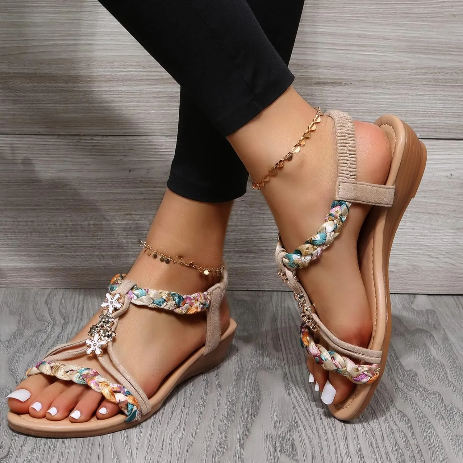 Walking Sandals Women Comfortable Summer Dressy Wedge Sandals Rhinestone Beaded Bohemian Beach Sandal Fashion Non-Slip Orthopedic Sandal