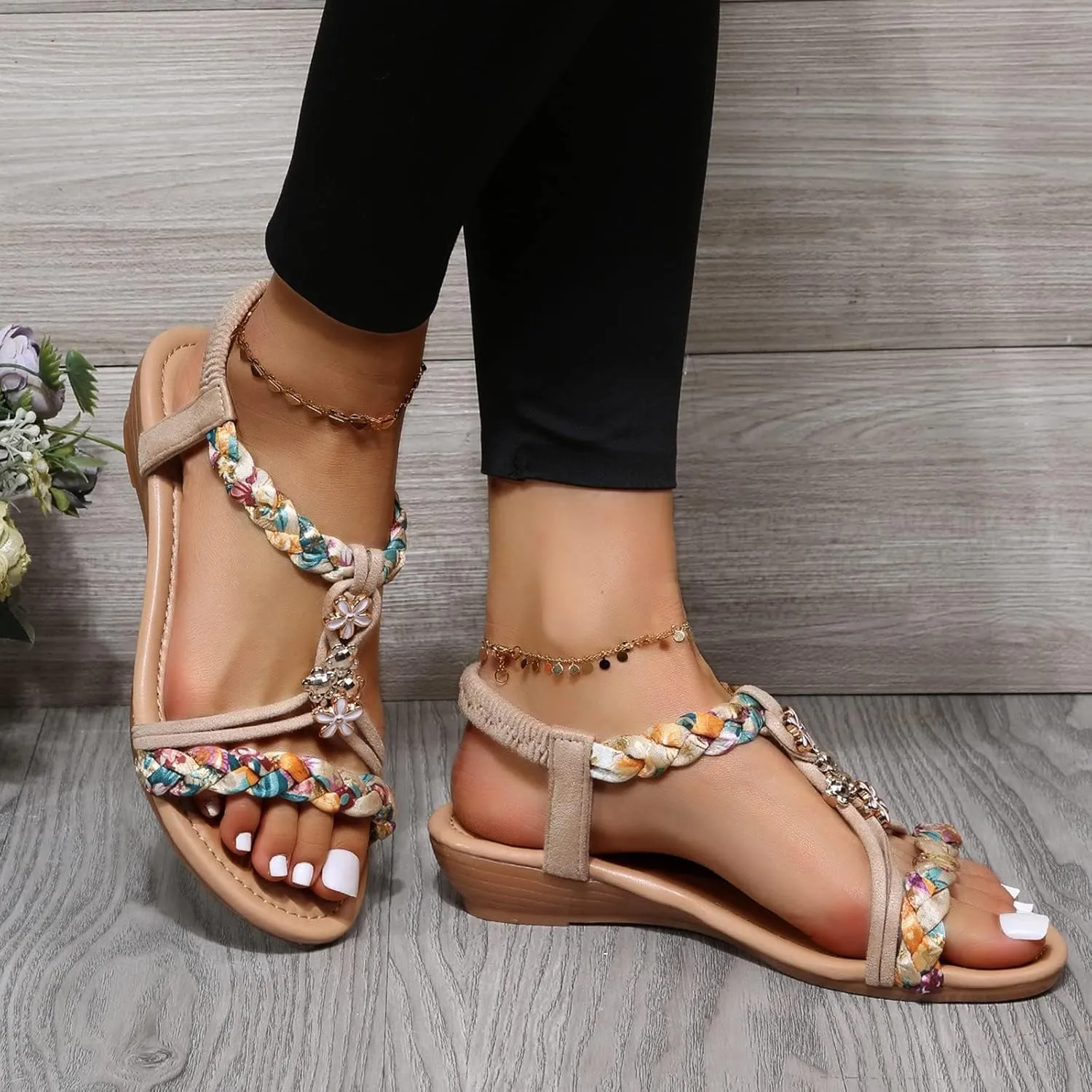 Walking Sandals Women Comfortable Summer Dressy Wedge Sandals Rhinestone Beaded Bohemian Beach Sandal Fashion Non-Slip Orthopedic Sandal