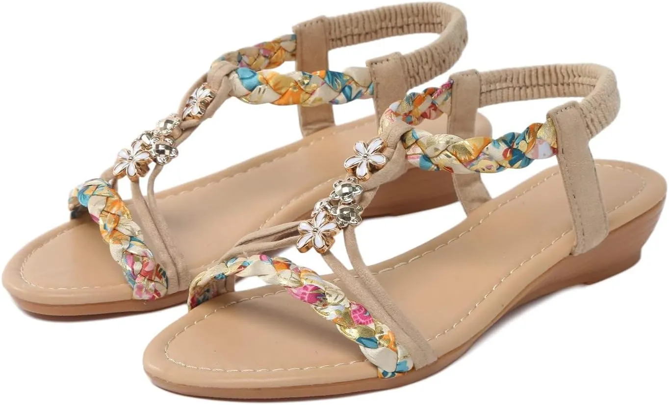 Walking Sandals Women Comfortable Summer Dressy Wedge Sandals Rhinestone Beaded Bohemian Beach Sandal Fashion Non-Slip Orthopedic Sandal