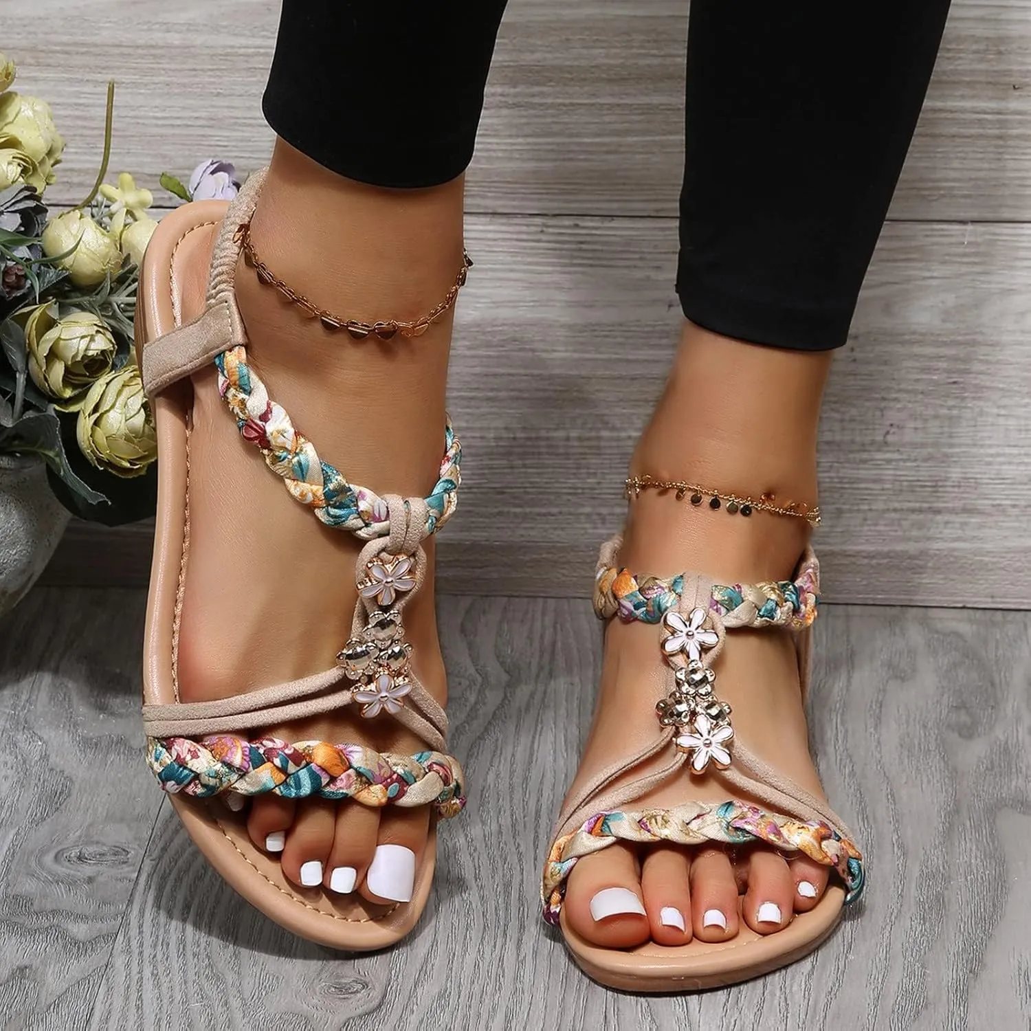 Walking Sandals Women Comfortable Summer Dressy Wedge Sandals Rhinestone Beaded Bohemian Beach Sandal Fashion Non-Slip Orthopedic Sandal