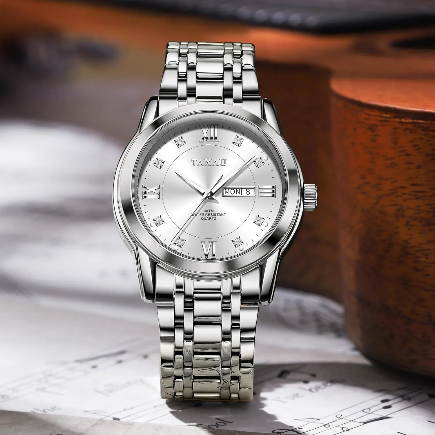 Watch Men Stainless Steel Luxury Diamond Chronograph with Date Business reloj de Hombre