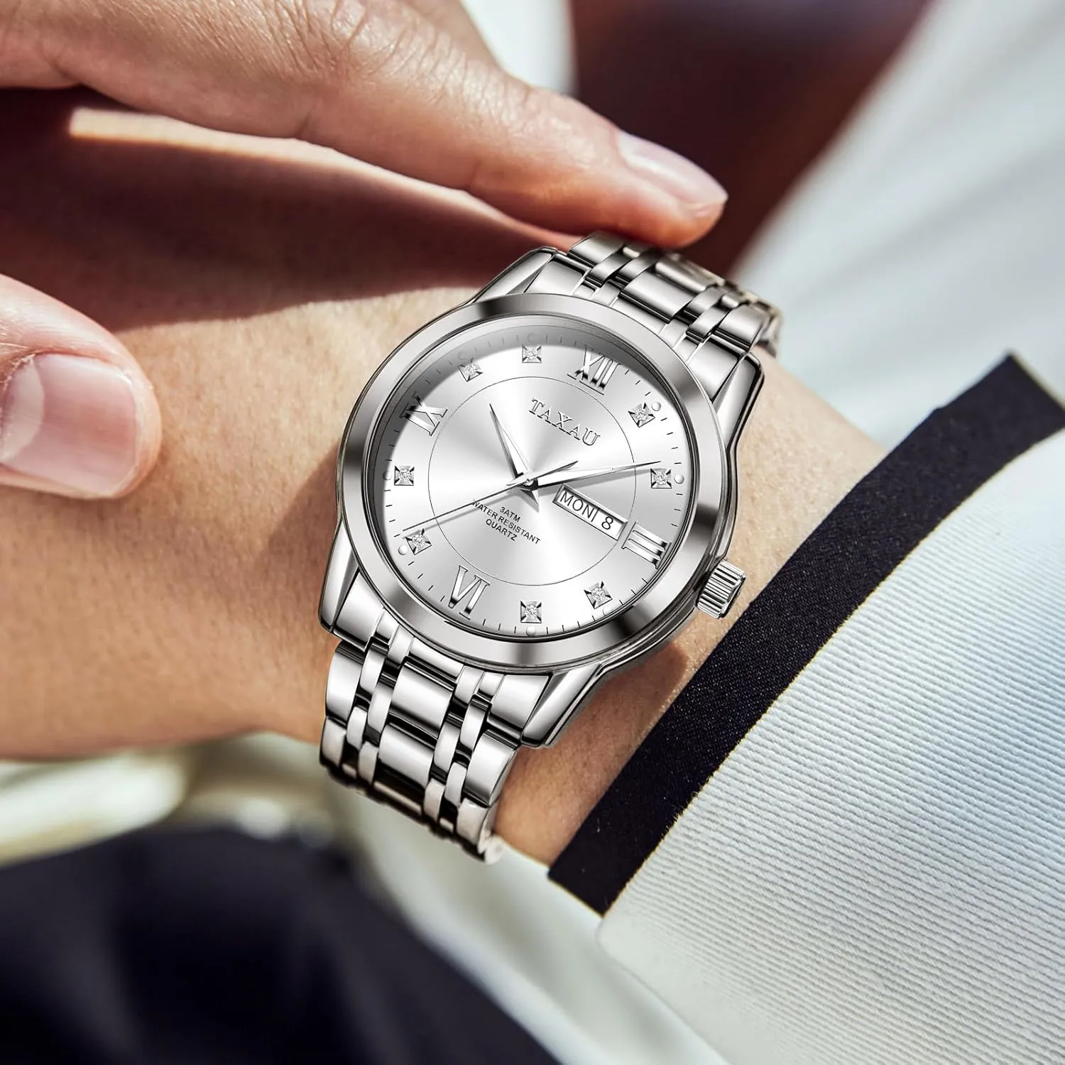 Watch Men Stainless Steel Luxury Diamond Chronograph with Date Business reloj de Hombre