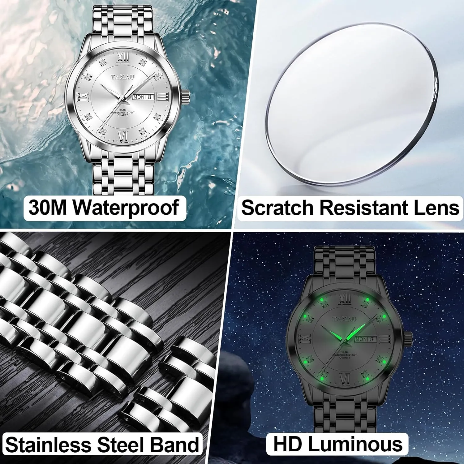 Watch Men Stainless Steel Luxury Diamond Chronograph with Date Business reloj de Hombre