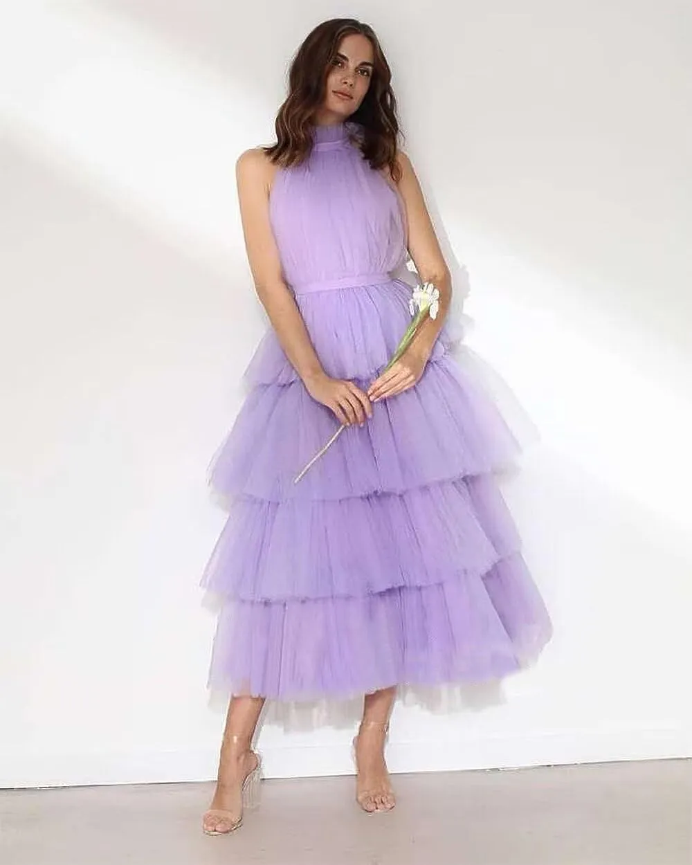 WDBFY Women's Tiered Tulle Prom Dresses Halter Homecoming Dress Evening Party Gowns