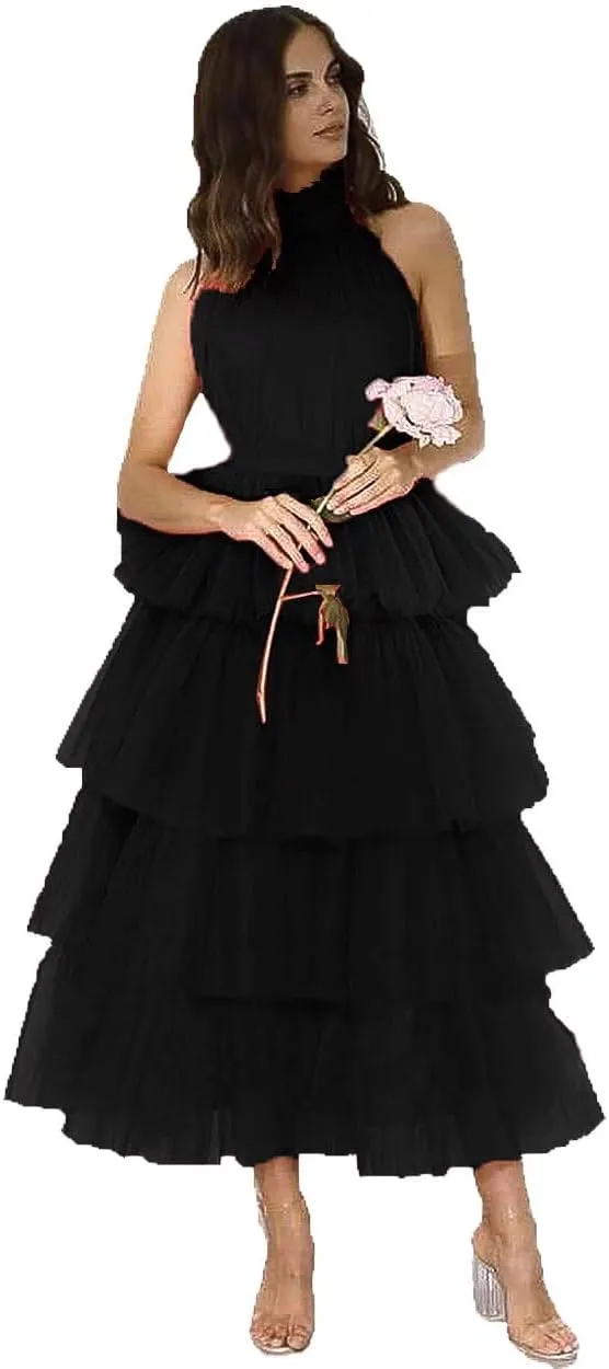 WDBFY Women's Tiered Tulle Prom Dresses Halter Homecoming Dress Evening Party Gowns