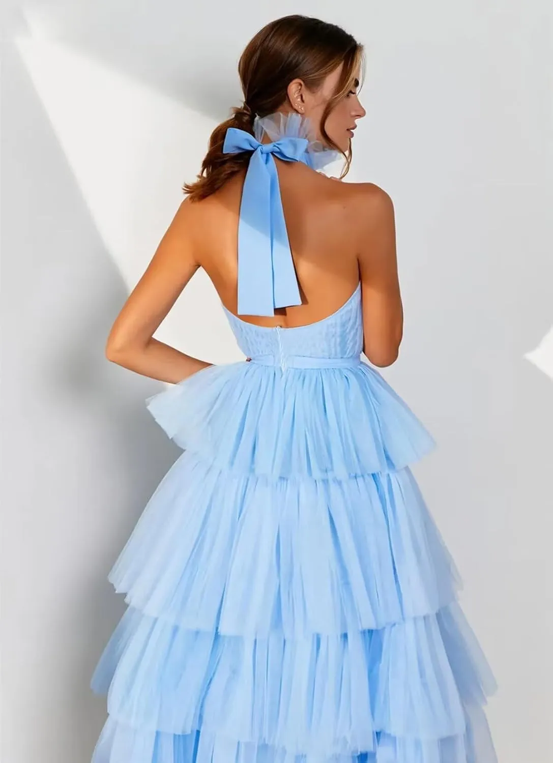 WDBFY Women's Tiered Tulle Prom Dresses Halter Homecoming Dress Evening Party Gowns