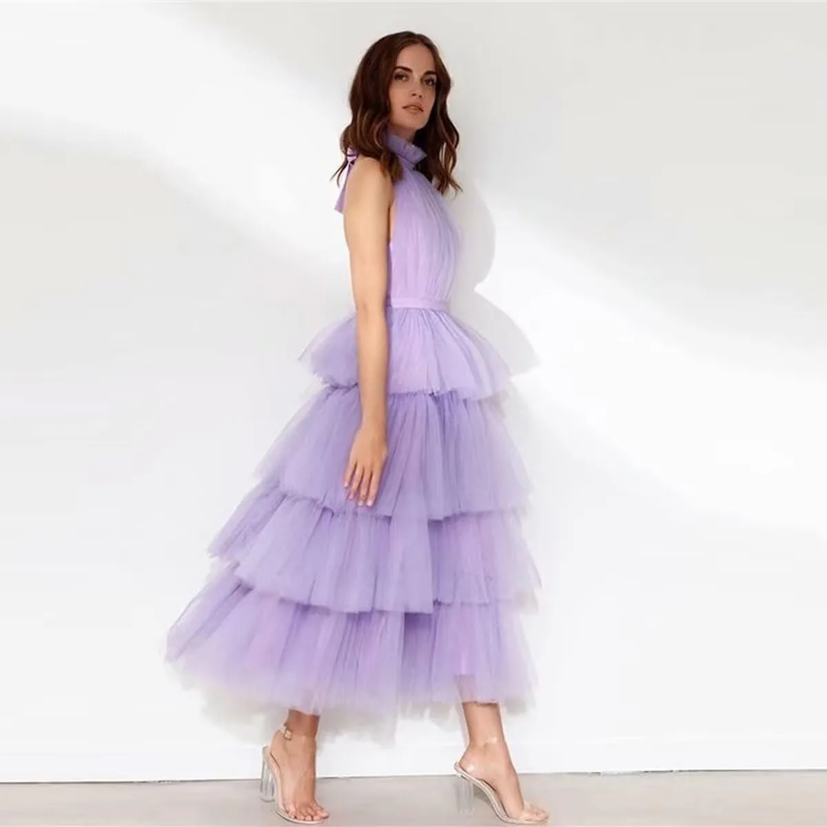 WDBFY Women's Tiered Tulle Prom Dresses Halter Homecoming Dress Evening Party Gowns