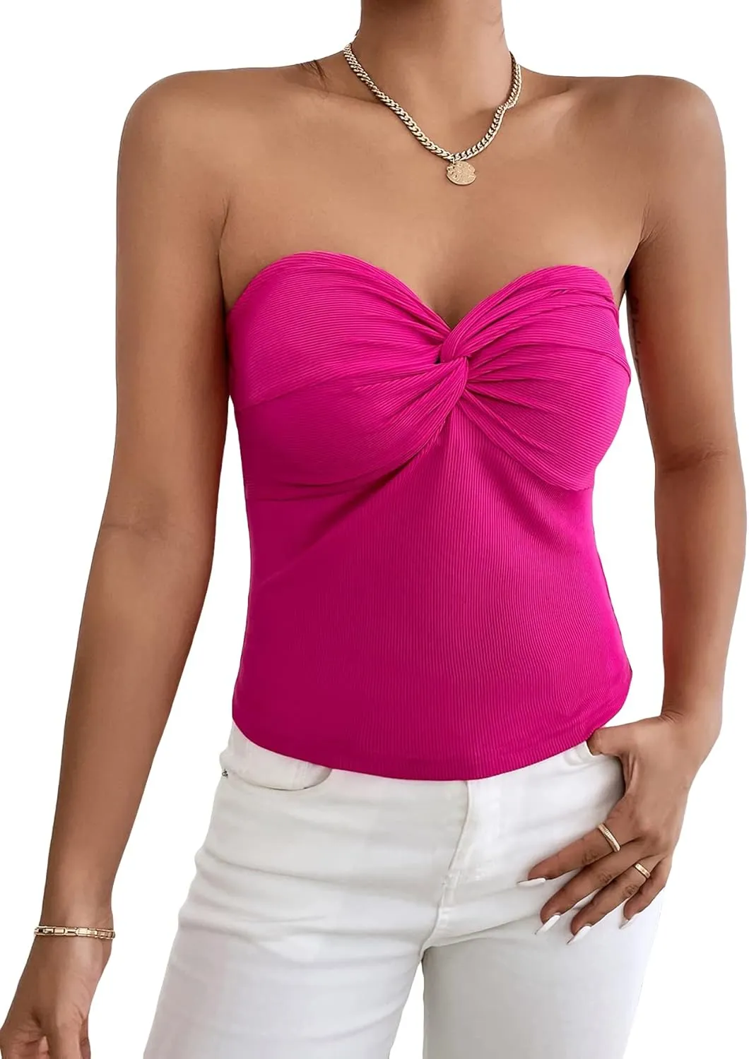 WDIRARA Women's Twist Front Sleeveless Strapless Slim Fit Bandeau Tube Top