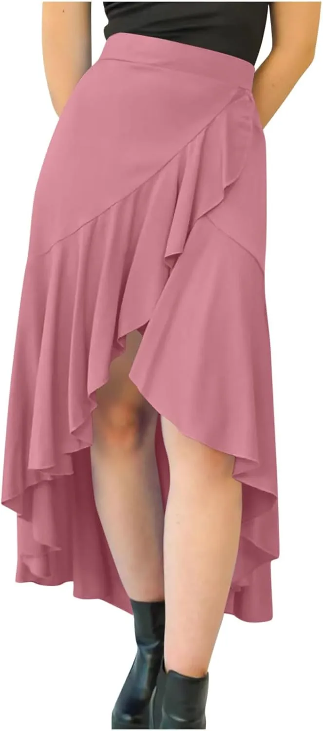 Western Skirts for Women Midi Ruffle Summer Skirt High Waisted Wrap Flowy Skirts High-Low A Line Gothic Skirts