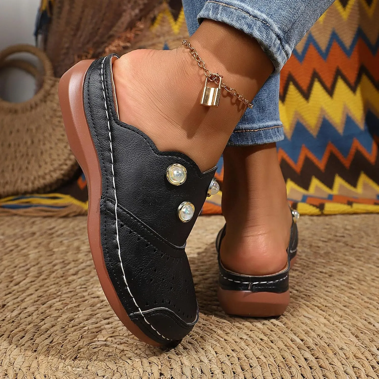 Women Arch Support Slides Closed Toe Cute Mules Women Slip On Summer Mule High Heels Slipper Dressy Orthopedic Sandale