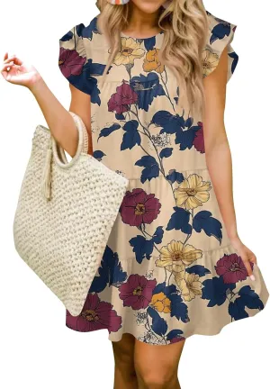 Women Babydoll Summer Casual Crew Neck Ruffle Sleeve Sleeveless Flowy Mini Short Tunic Dress Floral Print Pleated Dress3-Khaki,XX-Large