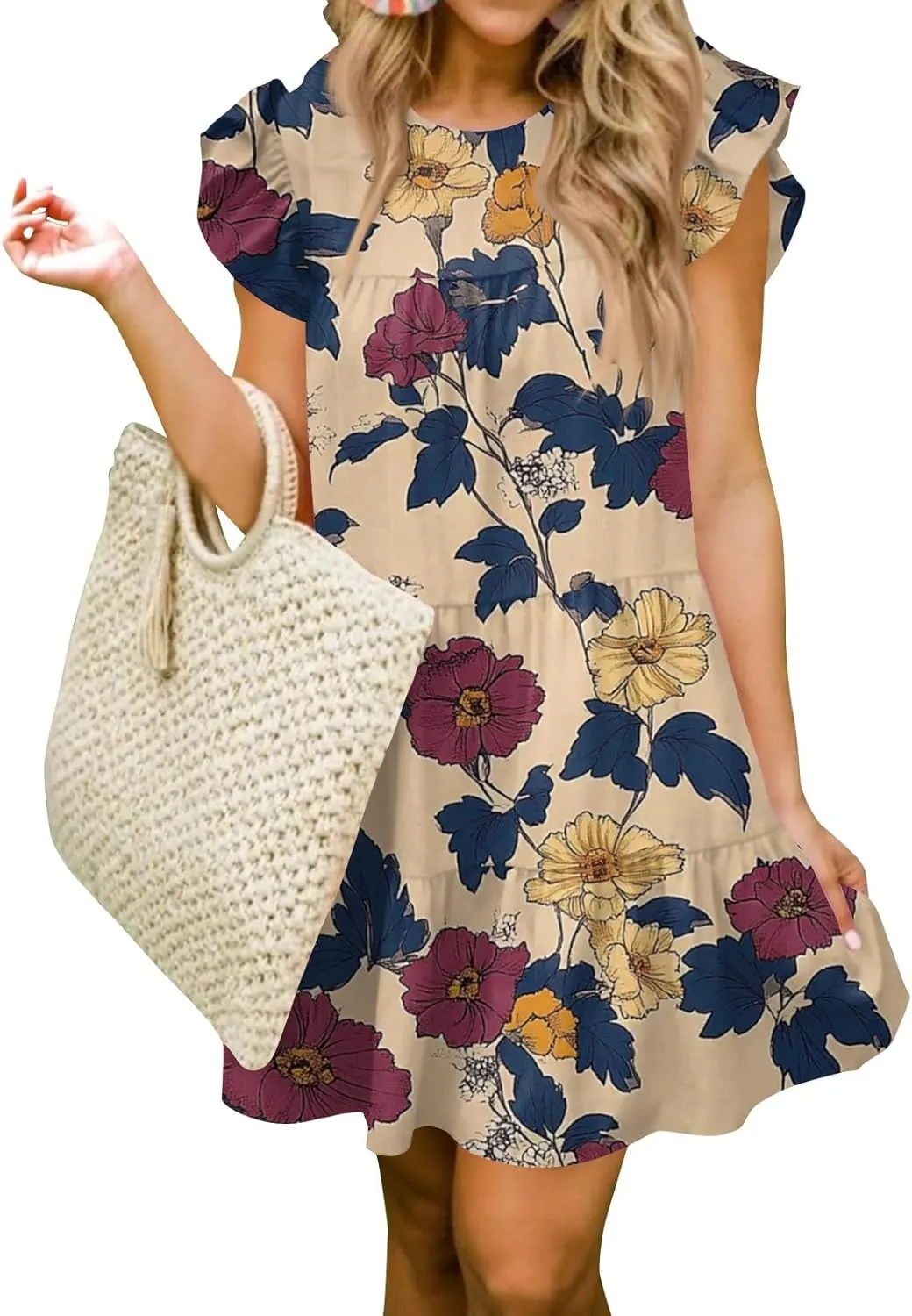 Women Babydoll Summer Casual Crew Neck Ruffle Sleeve Sleeveless Flowy Mini Short Tunic Dress Floral Print Pleated Dress3-Khaki,XX-Large
