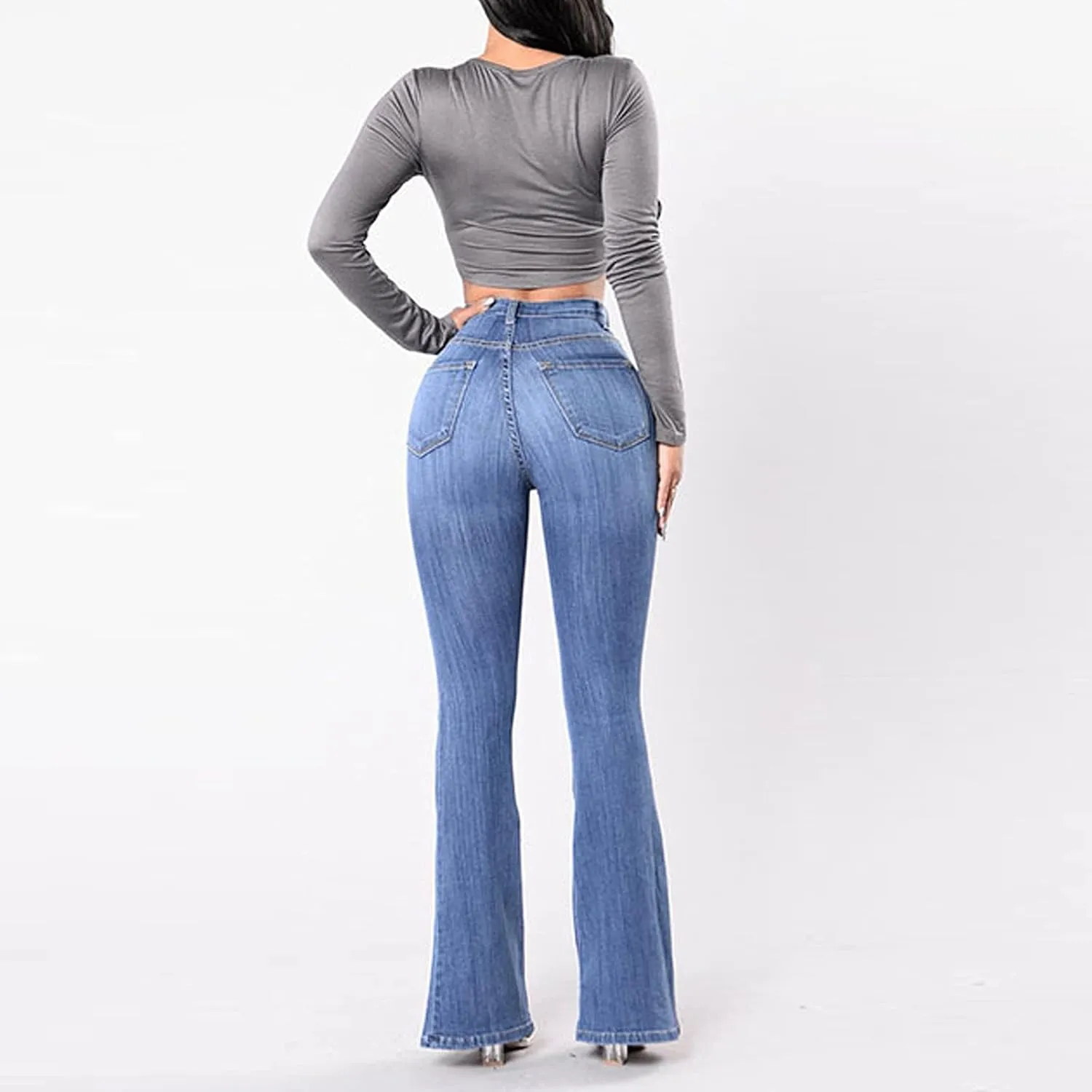 Women Bell Bottom Jeans Retro High Rise Trumpet Flare Jean Trendy Jogger Tummy Control Stretch Wide Leg Jeans