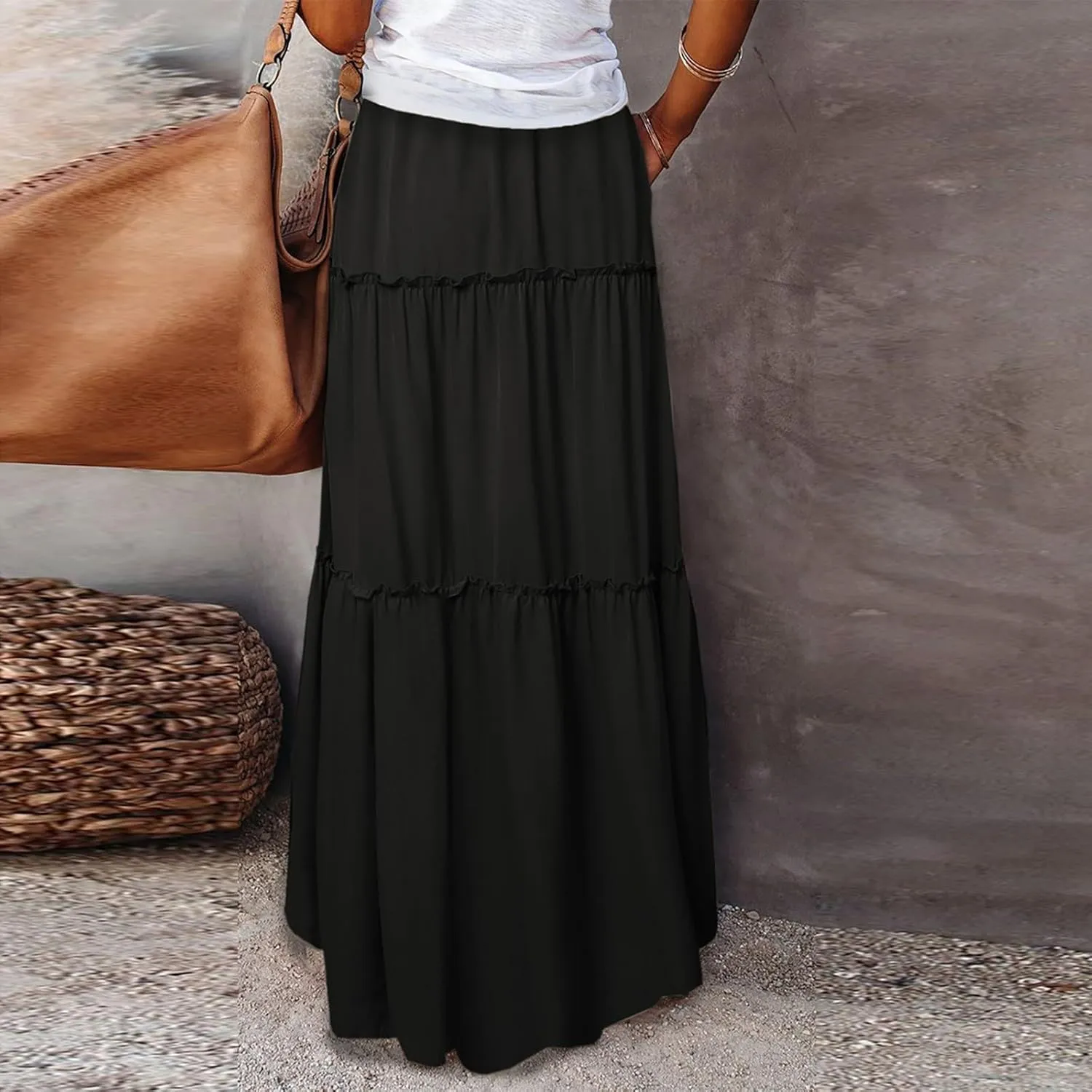 Women Boho Floral Maxi Skirt 2025 Summer High Waisted Tiered Long Skirts Flowy Ruffle Beach Vacation Midi Skirts