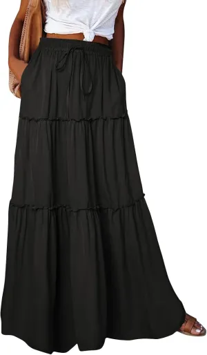 Women Boho Floral Maxi Skirt 2025 Summer High Waisted Tiered Long Skirts Flowy Ruffle Beach Vacation Midi Skirts
