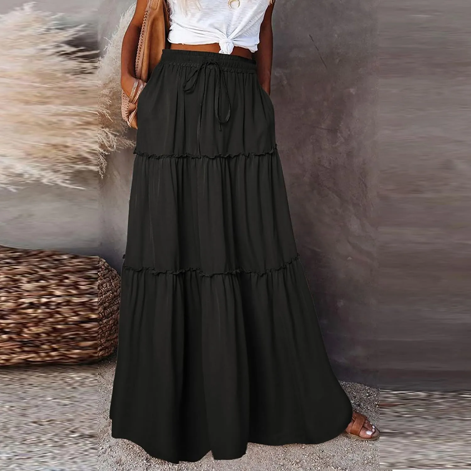 Women Boho Floral Maxi Skirt 2025 Summer High Waisted Tiered Long Skirts Flowy Ruffle Beach Vacation Midi Skirts