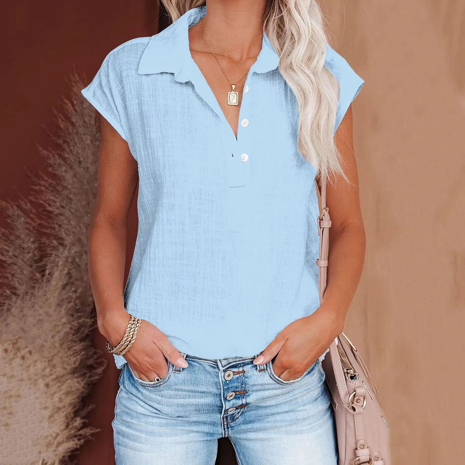 Women Cap Sleeve Button Down Shirts Summer Cotton Work Tees Blouse Lapel Collar Loose Tops Casual Solid T-Shirt