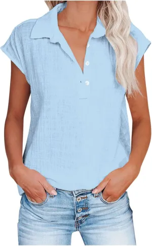 Women Cap Sleeve Button Down Shirts Summer Cotton Work Tees Blouse Lapel Collar Loose Tops Casual Solid T-Shirt