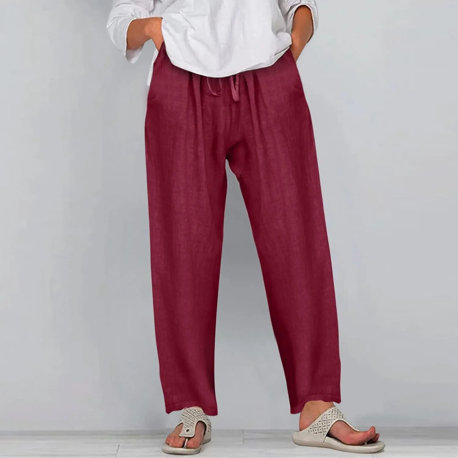 Women Casual Solid Color Trouser Linen Cotton Blend Pants Stretchy Drawstring Elastic Waist Loose Flowy Pants