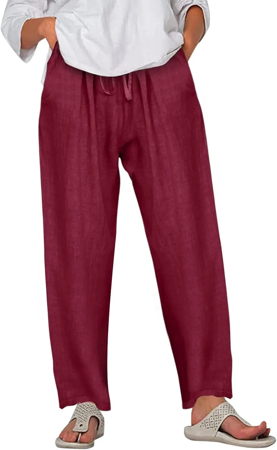 Women Casual Solid Color Trouser Linen Cotton Blend Pants Stretchy Drawstring Elastic Waist Loose Flowy Pants