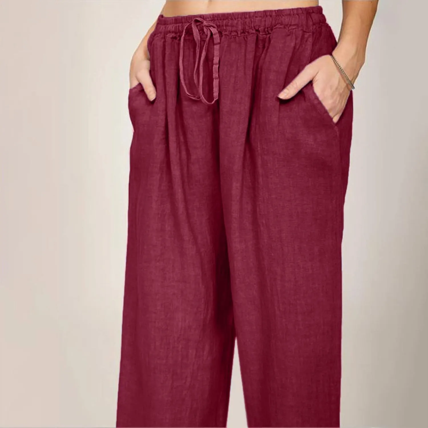 Women Casual Solid Color Trouser Linen Cotton Blend Pants Stretchy Drawstring Elastic Waist Loose Flowy Pants