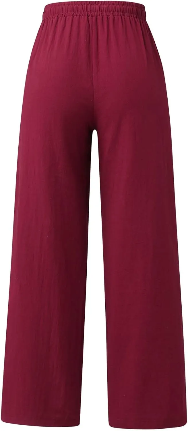 Women Casual Solid Color Trouser Linen Cotton Blend Pants Stretchy Drawstring Elastic Waist Loose Flowy Pants