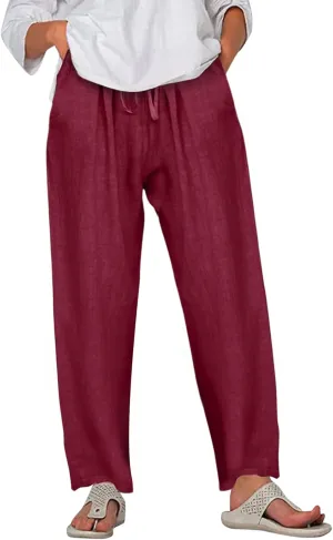 Women Casual Solid Color Trouser Linen Cotton Blend Pants Stretchy Drawstring Elastic Waist Loose Flowy Pants
