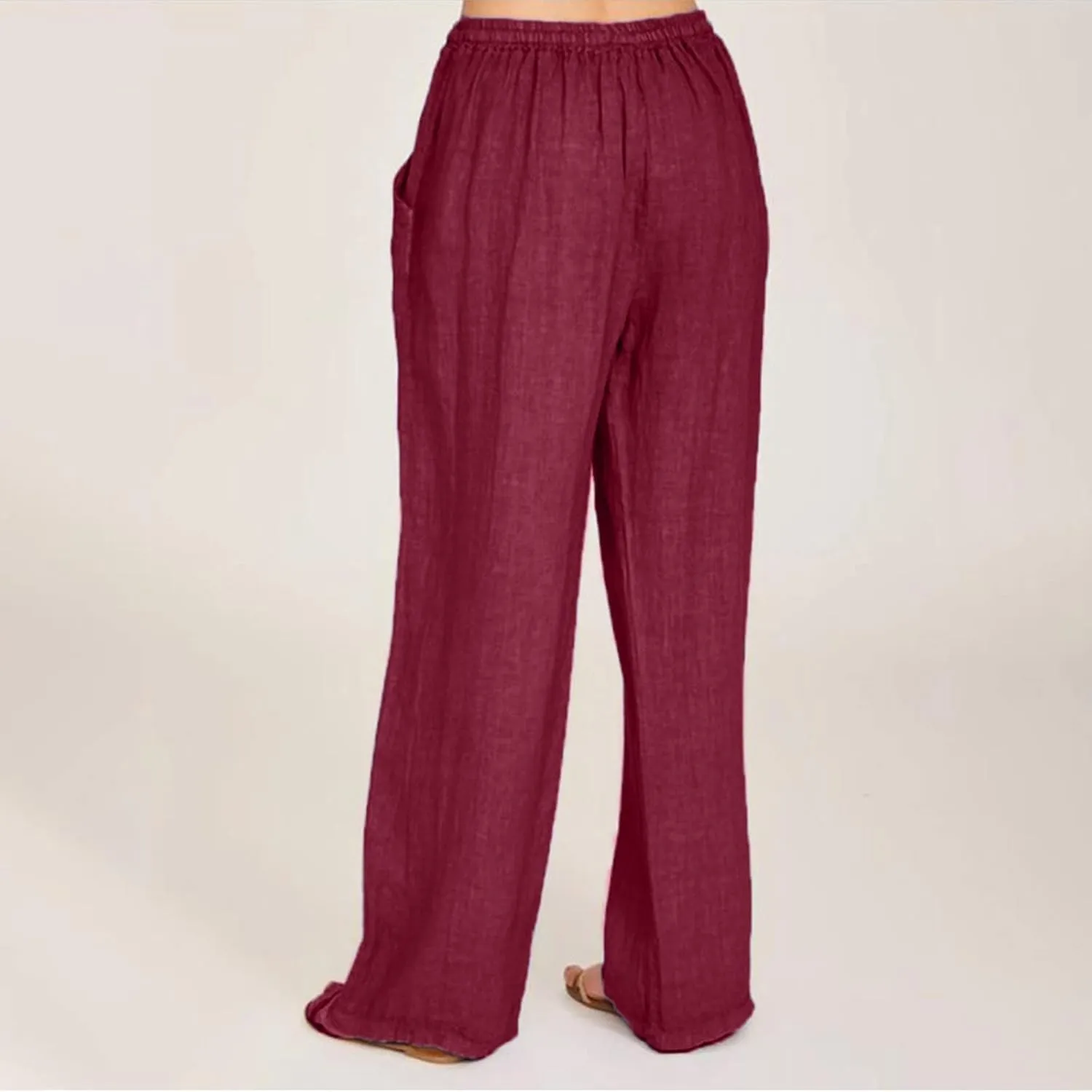 Women Casual Solid Color Trouser Linen Cotton Blend Pants Stretchy Drawstring Elastic Waist Loose Flowy Pants