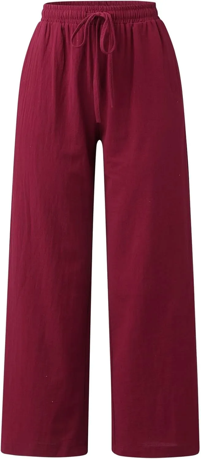 Women Casual Solid Color Trouser Linen Cotton Blend Pants Stretchy Drawstring Elastic Waist Loose Flowy Pants