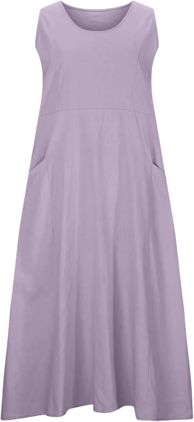 Women Cotton Linen Dresses 2024 Boho Casual Summer Maxi Dress Sleeveless Long Sundress Trendy Beach Vacation Clothing