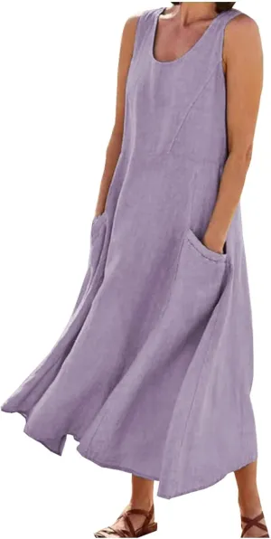 Women Cotton Linen Dresses 2024 Boho Casual Summer Maxi Dress Sleeveless Long Sundress Trendy Beach Vacation Clothing