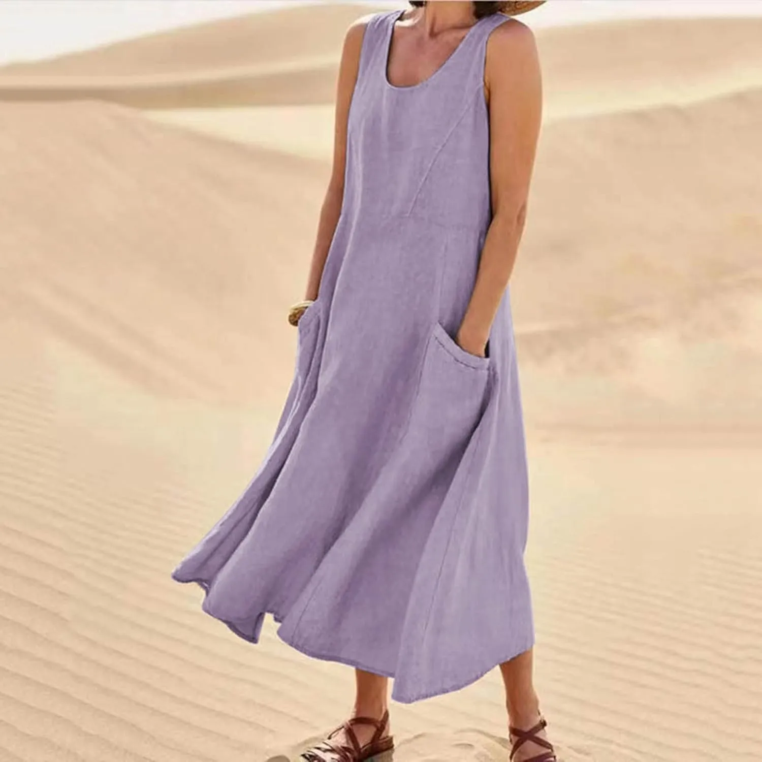 Women Cotton Linen Dresses 2024 Boho Casual Summer Maxi Dress Sleeveless Long Sundress Trendy Beach Vacation Clothing