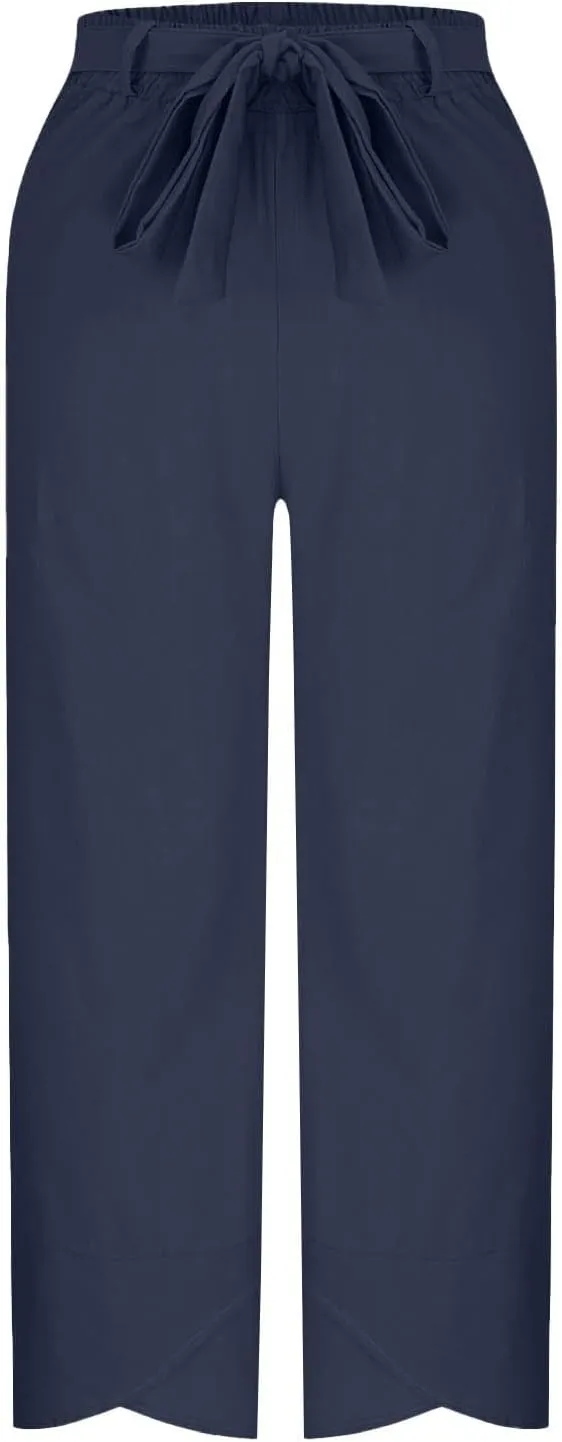 Women Cotton Linen Pant Summer 2025 Casual Capri Pants with Pocket Cropped High Waisted Drawstring Comfy Baggy Trouser