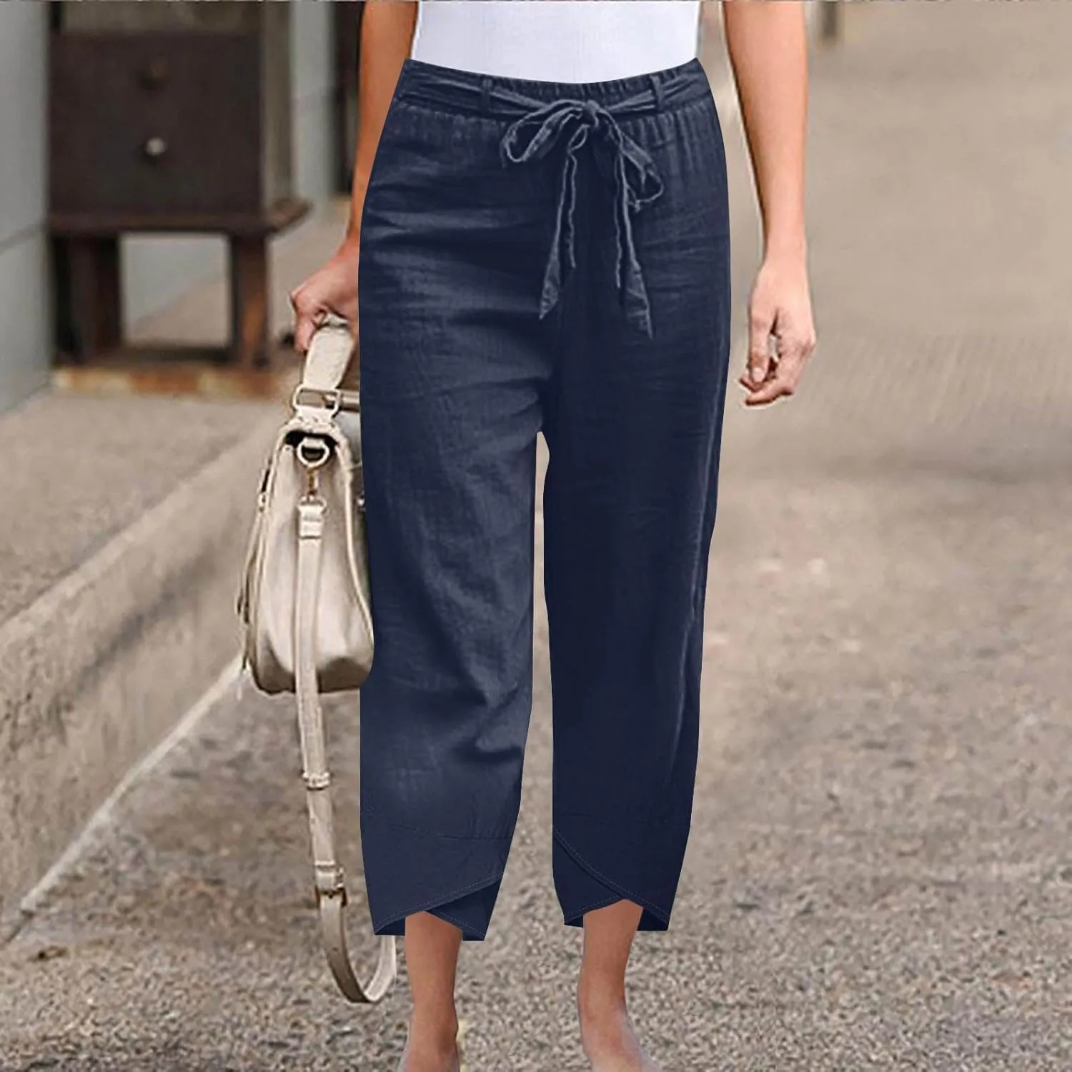 Women Cotton Linen Pant Summer 2025 Casual Capri Pants with Pocket Cropped High Waisted Drawstring Comfy Baggy Trouser