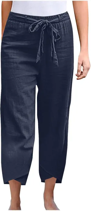 Women Cotton Linen Pant Summer 2025 Casual Capri Pants with Pocket Cropped High Waisted Drawstring Comfy Baggy Trouser