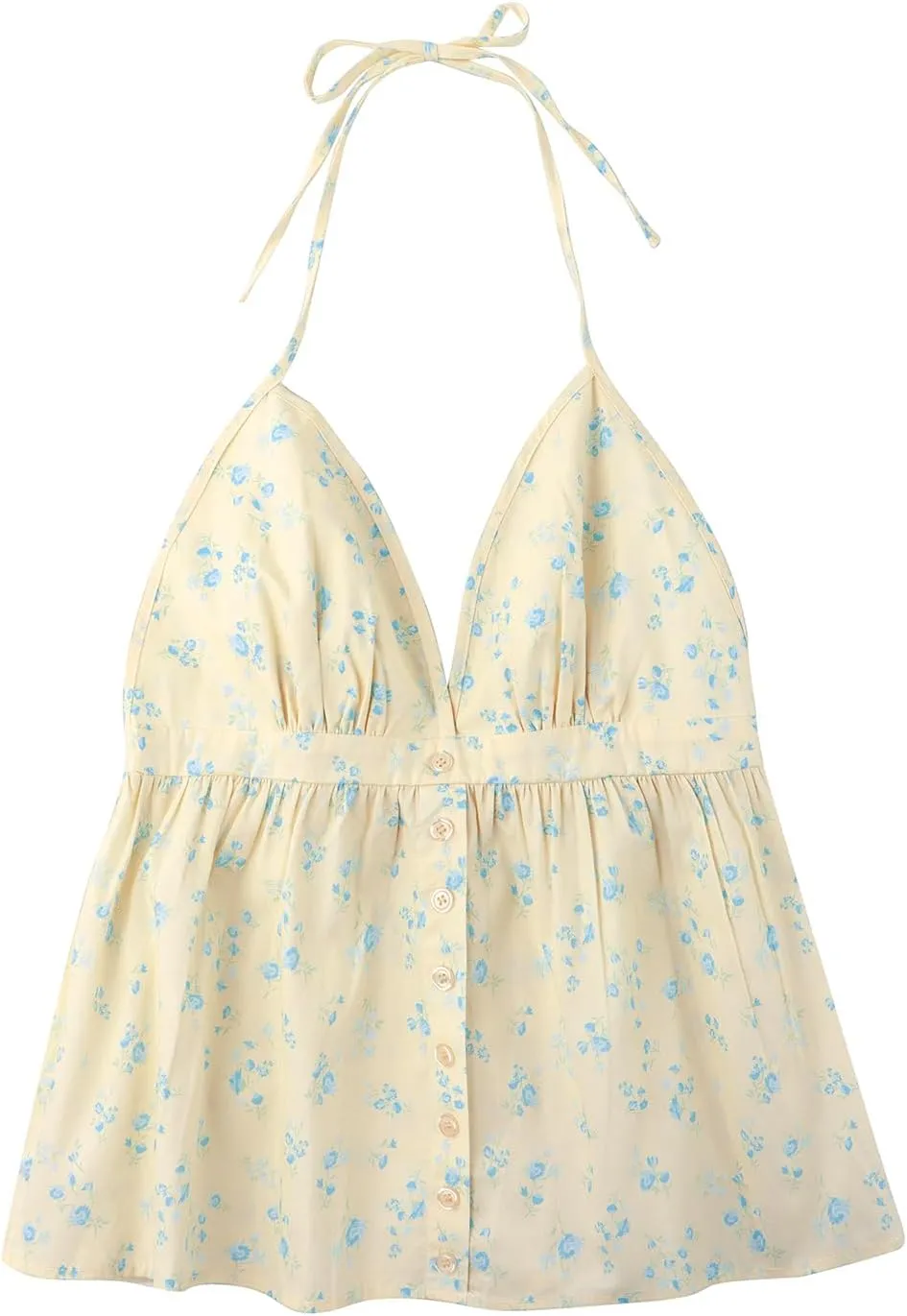 Women Floral Deep V Neck Halter Tops Sleeveless Button Down Backless A Line Camisole Ruffle A Line Babydoll Shirt