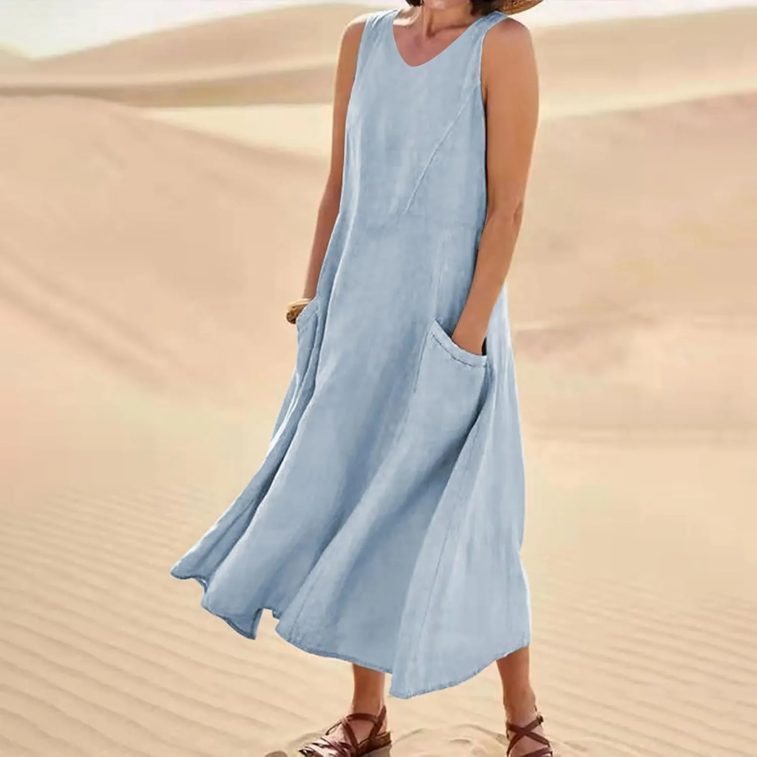 Women Linen Dresses 2025 Summer Cotton Linen Beach Long Dress Sleeveless Elegant Plus Size Maxi Sundress with Pocket