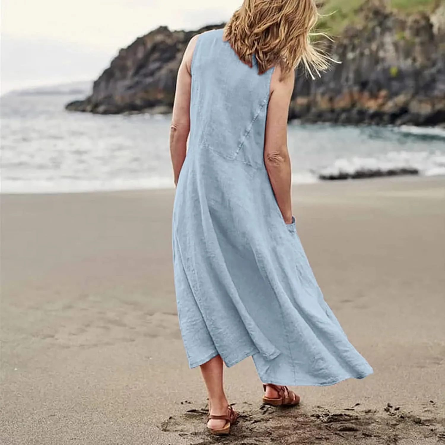 Women Linen Dresses 2025 Summer Cotton Linen Beach Long Dress Sleeveless Elegant Plus Size Maxi Sundress with Pocket