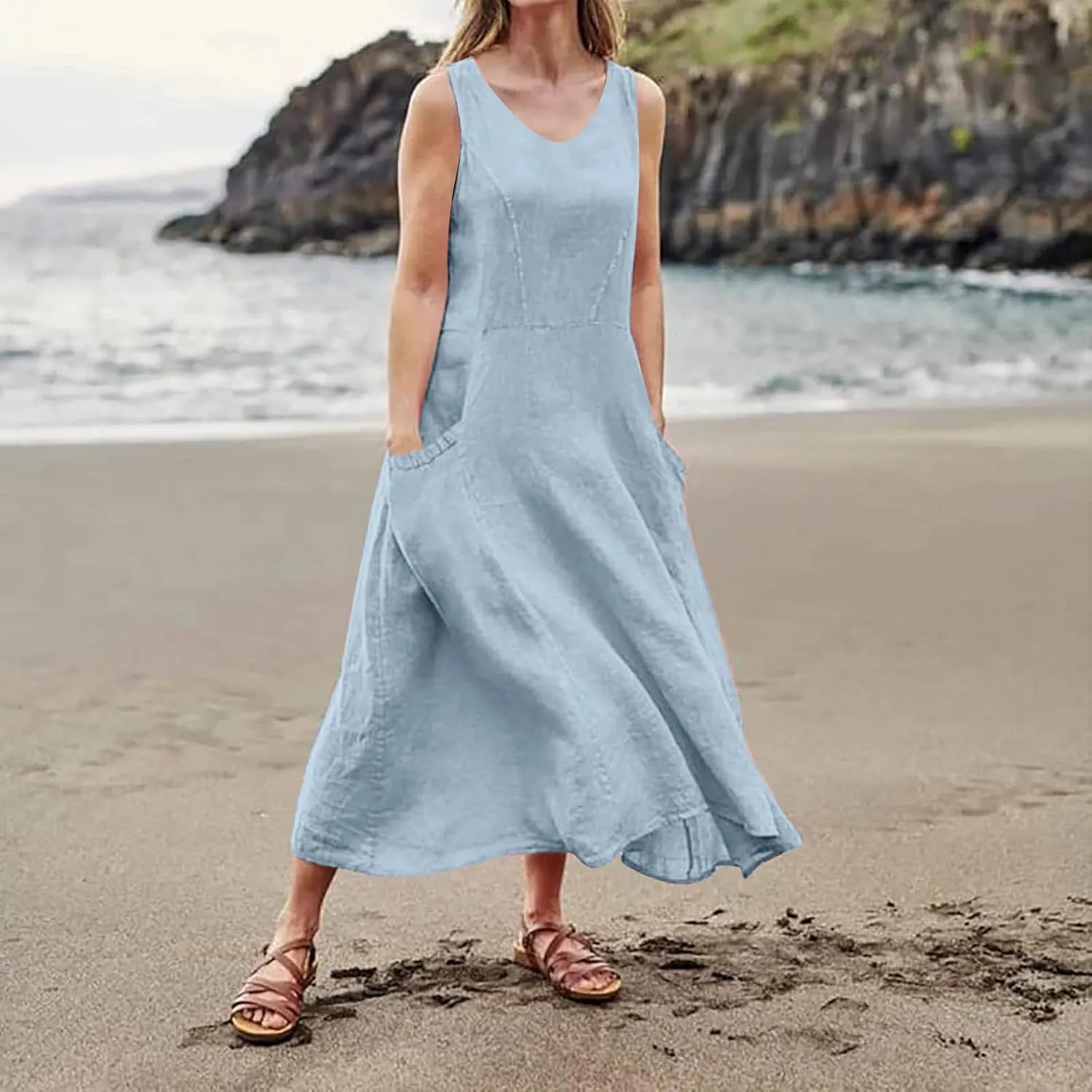 Women Linen Dresses 2025 Summer Cotton Linen Beach Long Dress Sleeveless Elegant Plus Size Maxi Sundress with Pocket