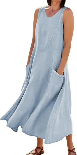 Women Linen Dresses 2025 Summer Cotton Linen Beach Long Dress Sleeveless Elegant Plus Size Maxi Sundress with Pocket