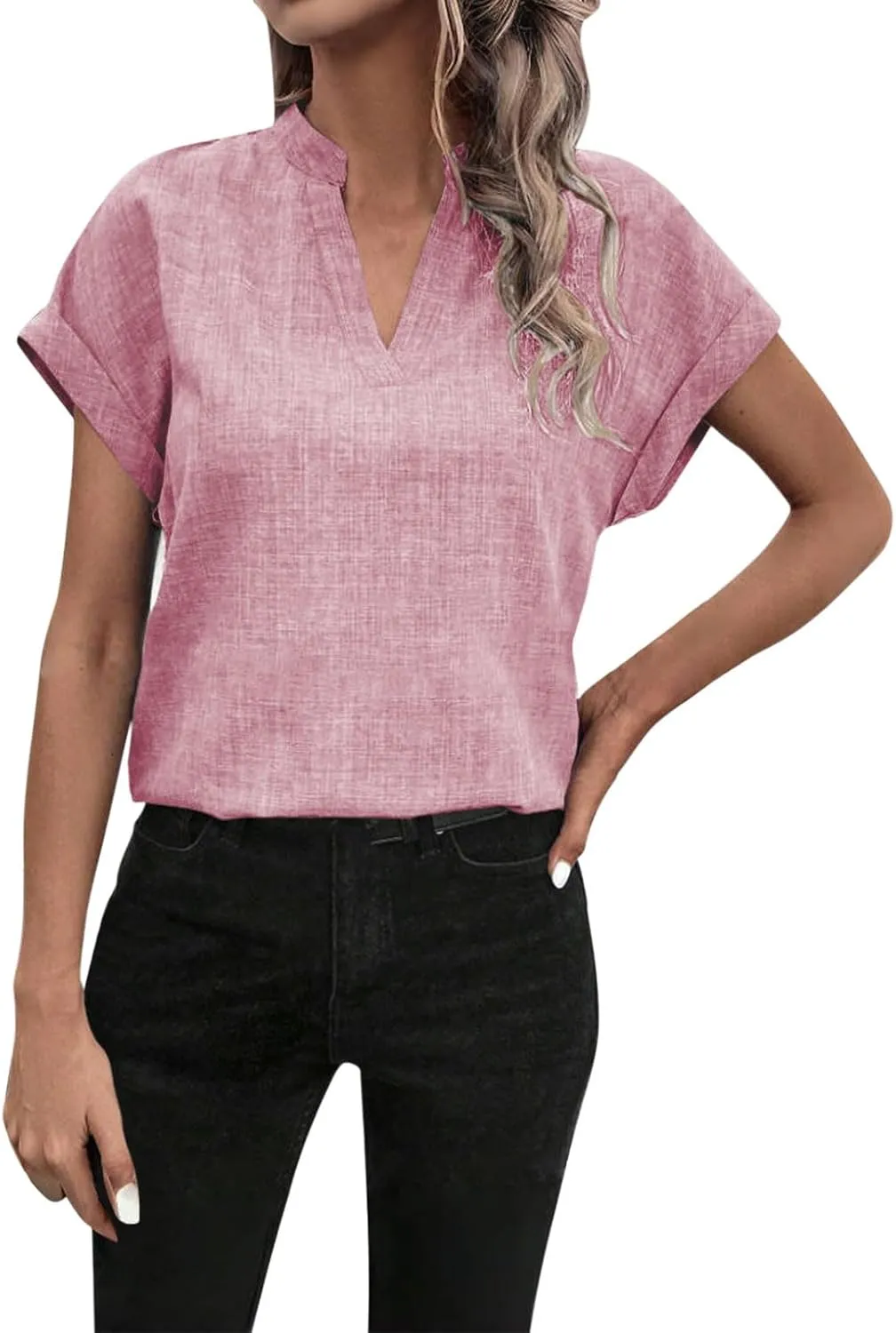 Women Linen Shirts Short Sleeve V Neck Linen Tops Summer Fashion Clothes Women Cropped Petite Causal Business Blouse