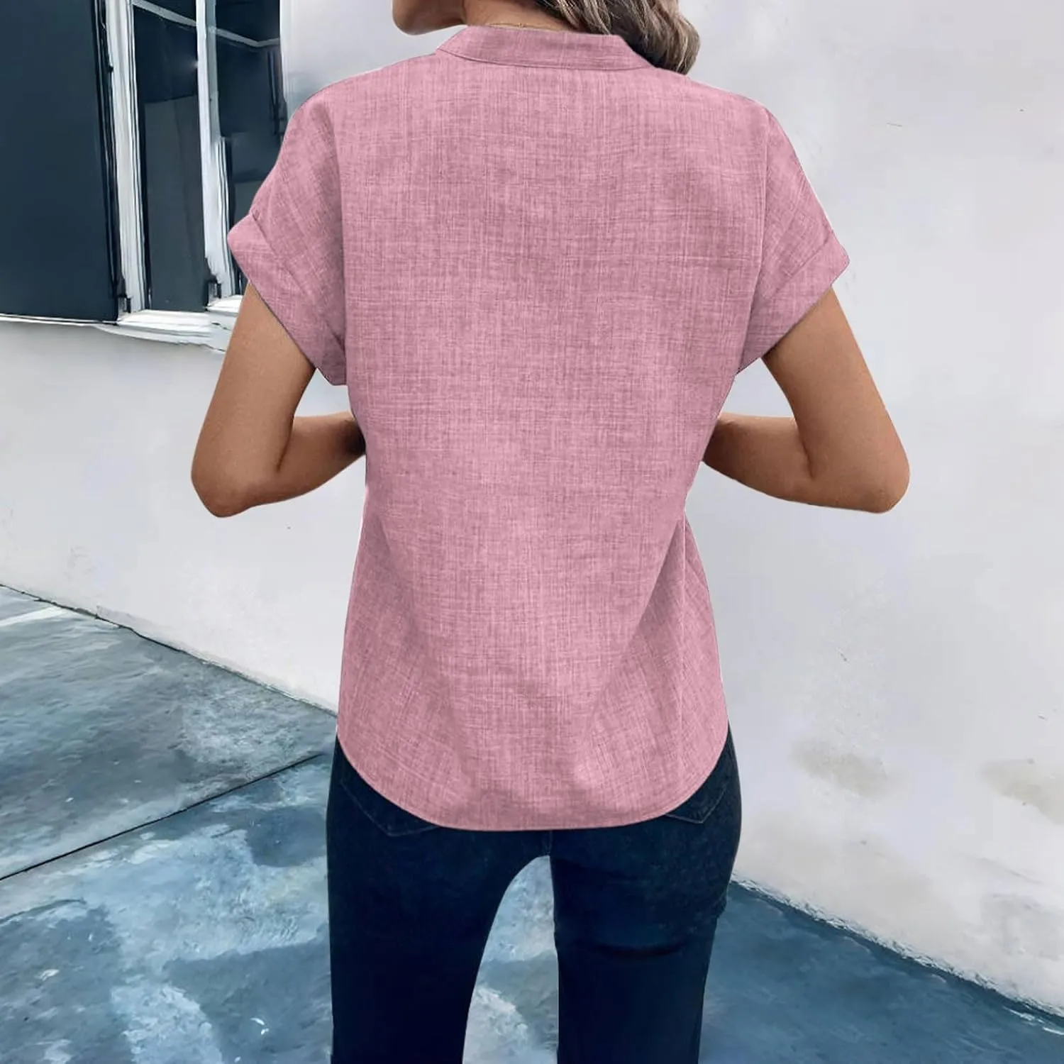 Women Linen Shirts Short Sleeve V Neck Linen Tops Summer Fashion Clothes Women Cropped Petite Causal Business Blouse