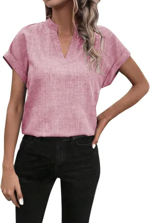 Women Linen Shirts Short Sleeve V Neck Linen Tops Summer Fashion Clothes Women Cropped Petite Causal Business Blouse