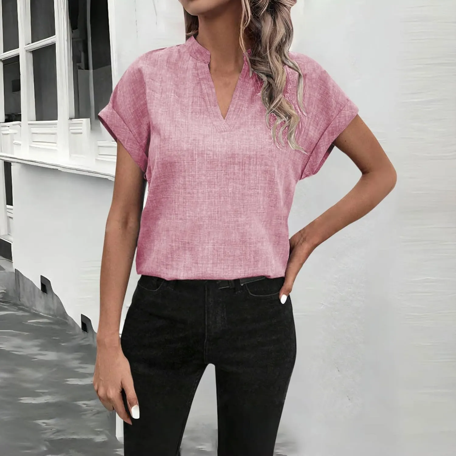 Women Linen Shirts Short Sleeve V Neck Linen Tops Summer Fashion Clothes Women Cropped Petite Causal Business Blouse