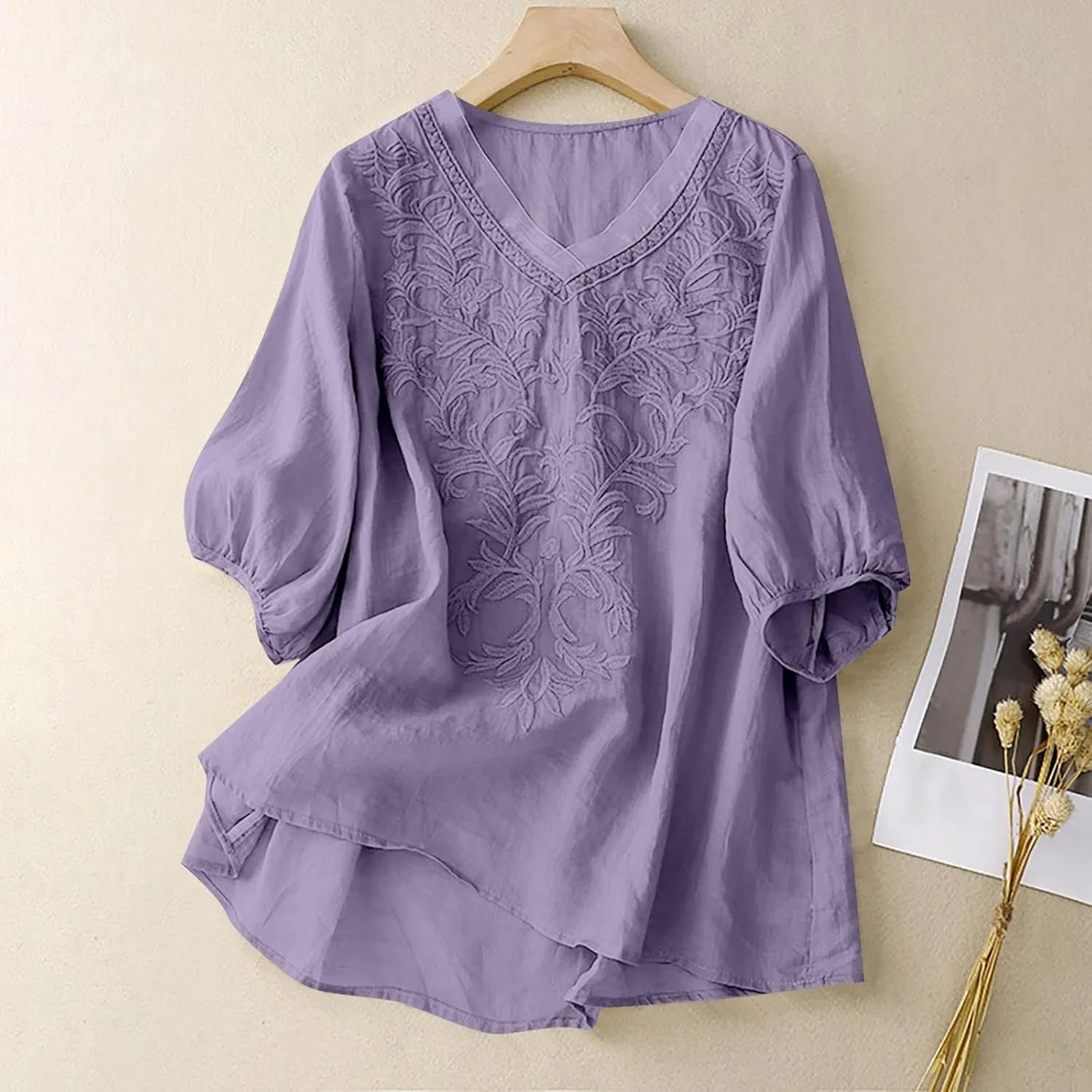 Women Linen Shirts V-Neck Embroidered Blouse Lapel Collar 2025 Fashion Tops Short Sleeve Loose Fit Tunic Tops